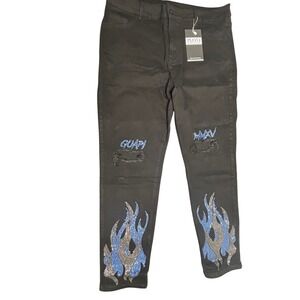 Guapi NEW Men's Rhinestone Flame Jeans Black Distressed Denim Slim‎ Fit Size 40
